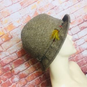 Vintage Olive Wool Tweed Tribbly Hat with Feather Accent